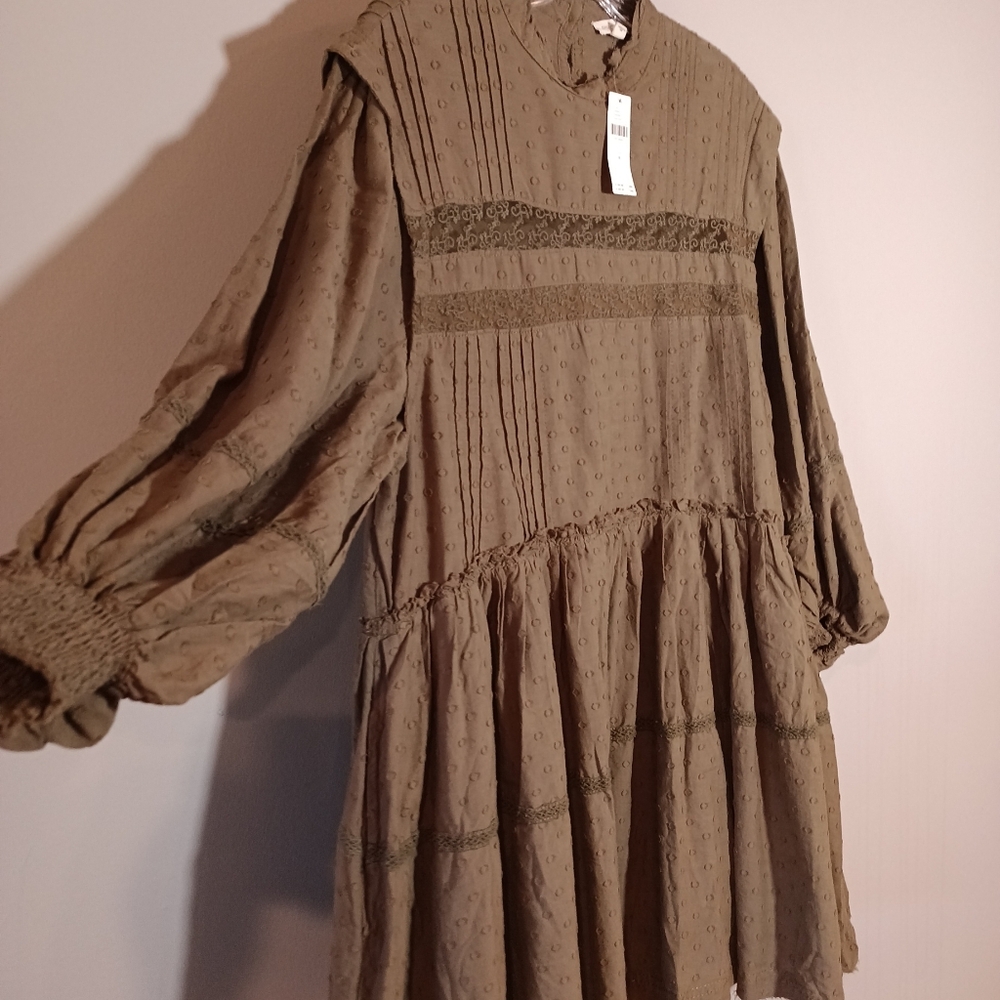 Anthropologie Pilcro Long Sleeve Mock Neck Swing Mini Dress in Green Brown M New - Picture 3 of 11